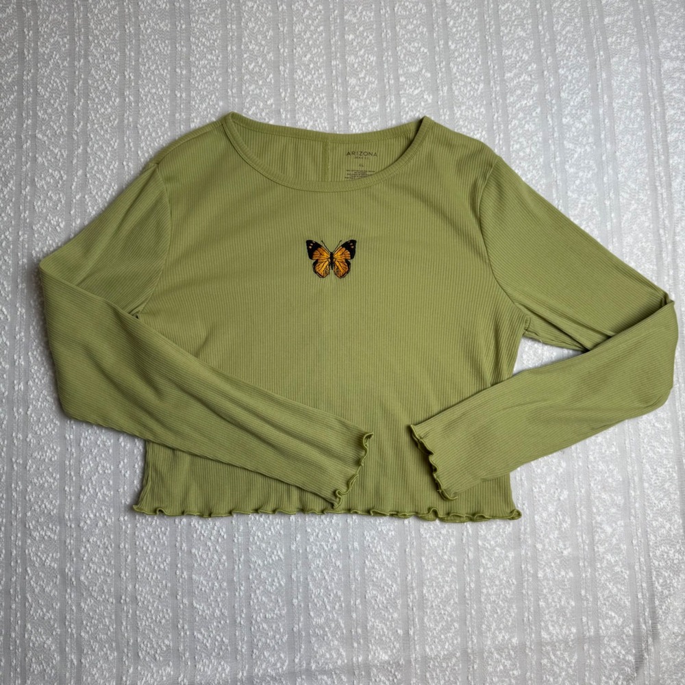 Arizona Jean Co Womens Long Sleeve Crop Top Butterfly Embroidered Ruffle Size XL
